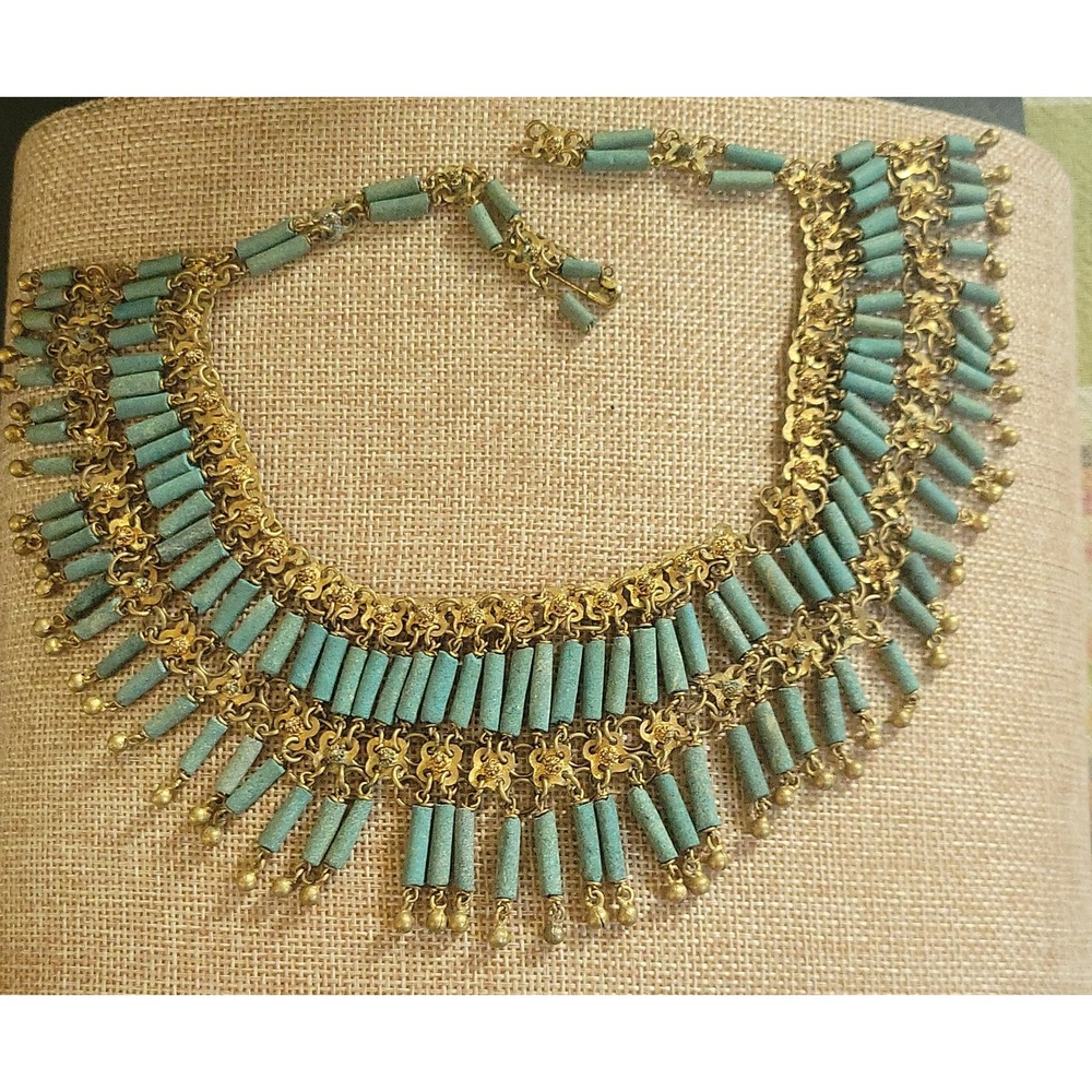 Vintage Turquoise Fringe Bib Necklace Gold Tone 16 Inch Repair Harvest Ethnocore